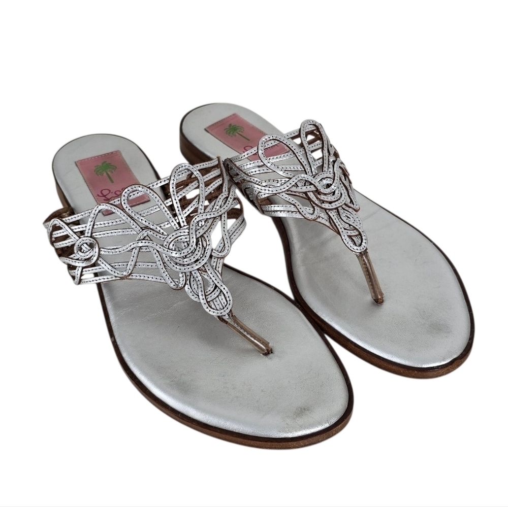Lilly Pulitzer Vintage Silver Braided Flat Thong Sandals Size 8 Preppy Resort